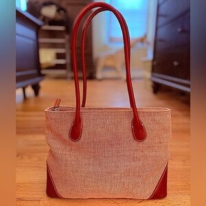 VINTAGE Eddie Bauer Red and Beige Jute & Cotton Tote Bag